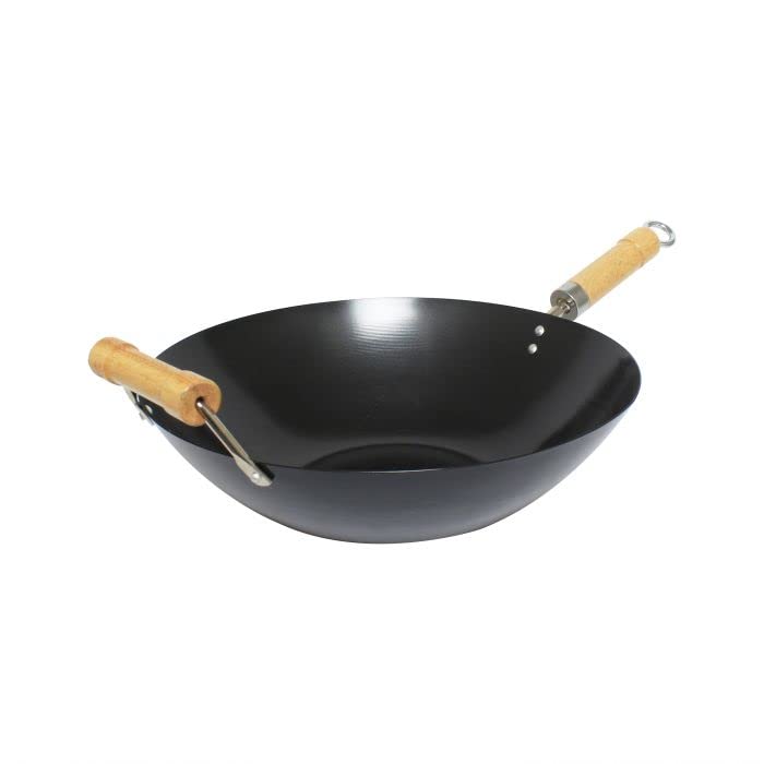 TrueCraftware - 14" Non-Stick Carbon Steel Wok Pan with 7-5/8" Wood Handle and 2-1/8? Helper Handle, Flat Bottom Cookware Chinese Wok
